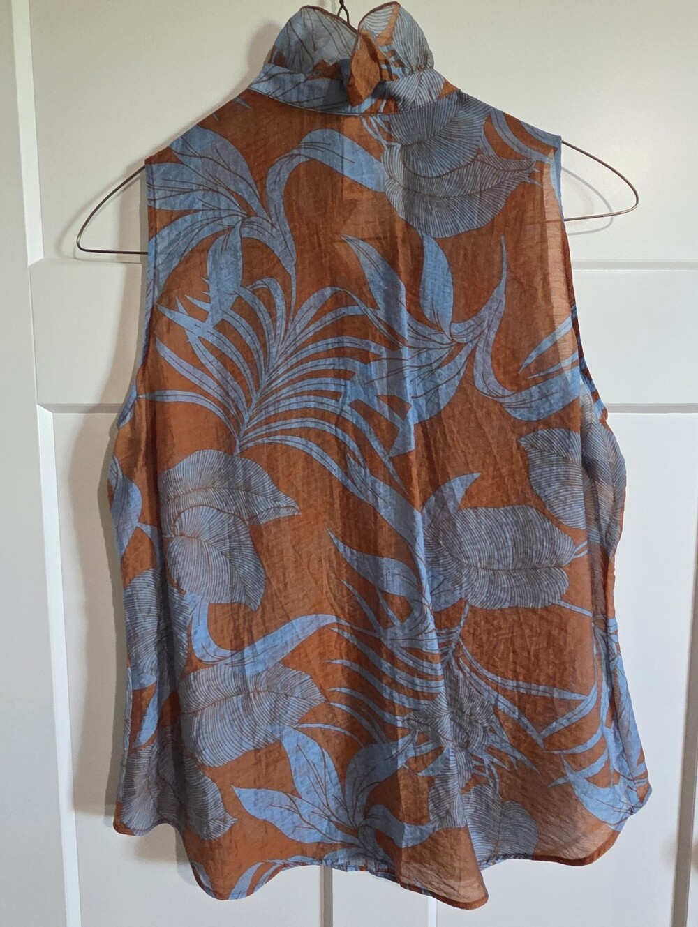 CAbi Tropical Top Semi Sheered Ruffle Neck Button-Front Top - Picture 2 of 3